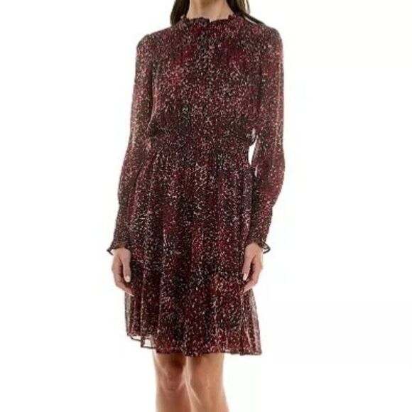 Taylor Black Maroon Print Long Sleeve Chiffon Smocked Waist Dress Size 6 - Picture 1 of 12